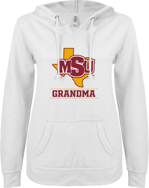 Midwestern State ENZA Womens V Notch Raw Edge Fleece Hoodie Grandma - MSU - ONLINE ONLY