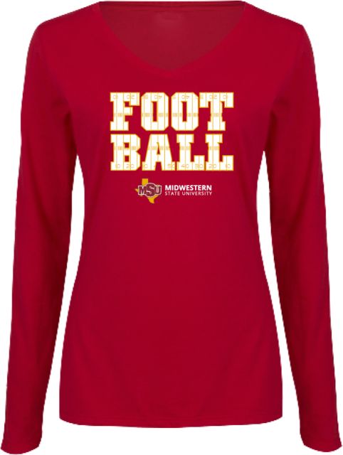 Midwestern State Womens Long Sleeve V Neck Tee  MSU Football Field Lines Text - ONLINE ONLY